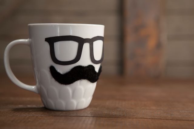 Close up of white mug with mustache and eyeglasses on wooden table