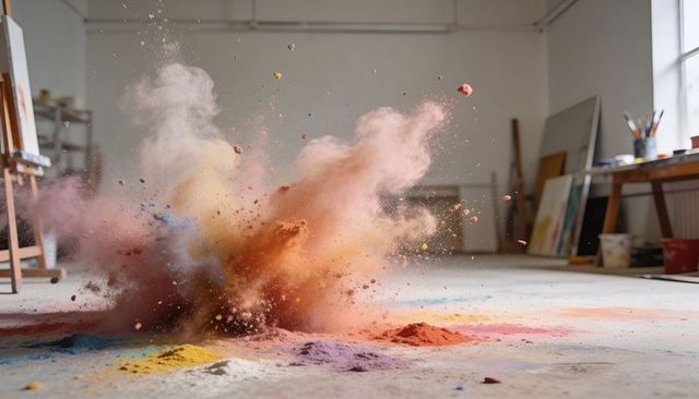 Bursting colored pigment cloud rising and scattering across artist studio floor