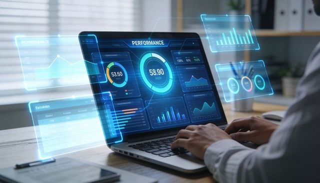 Business Analyst Typing with Holographic Data Dashboard on Laptop Monitoring Performance