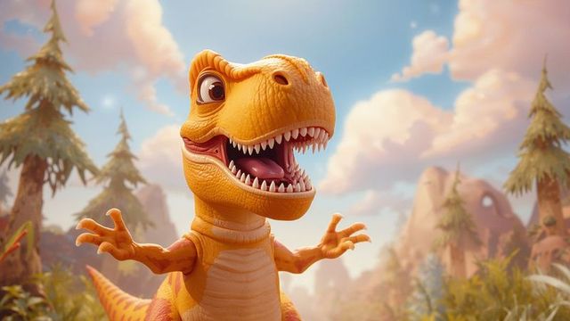 Energetic Cartoon T-Rex Roaring in Lush Prehistoric Landscape