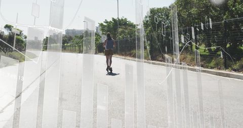 Financial Charts Overlay Person Riding E-Scooter on Sunny Road