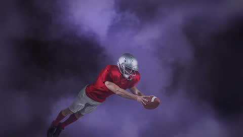 Rugby Player Diving Catch in Dramatic Light and Smoke