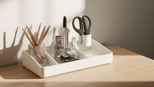 Minimalist white desk organizer with stationery, scissors and stapler on sunlit wood surface