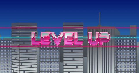 Neon level up sign above modern cityscape at night