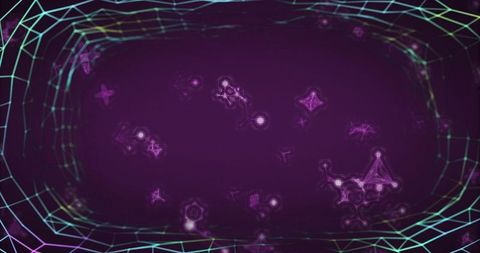 Neon cyber tunnel pulsing particle field and holographic wireframe grid in magenta cyan