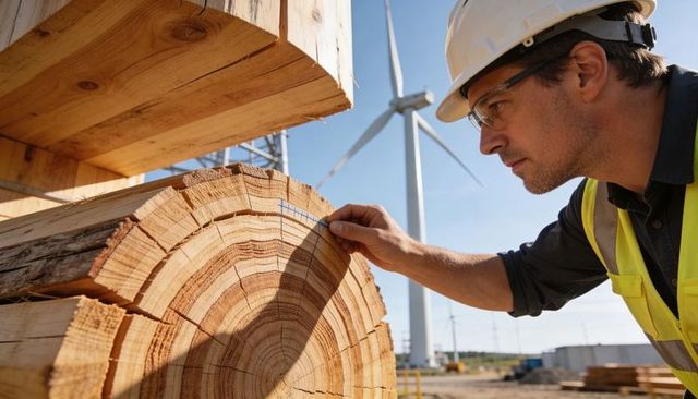 Lumber inspector marking log end grain near wind turbines, safety and quality control