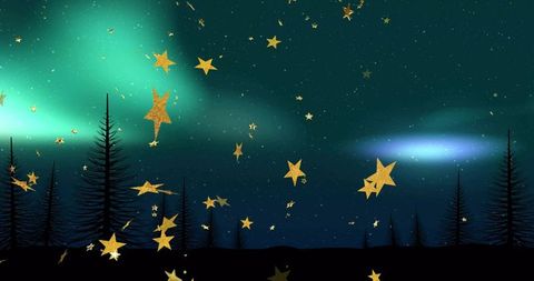 Golden star confetti drifting through northern lights over silhouetted pine forest