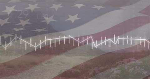 USA Flag Overlaid on Financial Data and Scenic Landscape