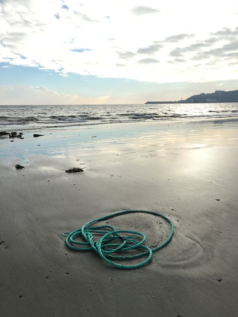 Green rope lays on smooth sand by the shore of a calm beach. Sea waves gently touch the shore under a cloudy sky. Useful for themes about coastal life, tranquility, or environmental storytelling.