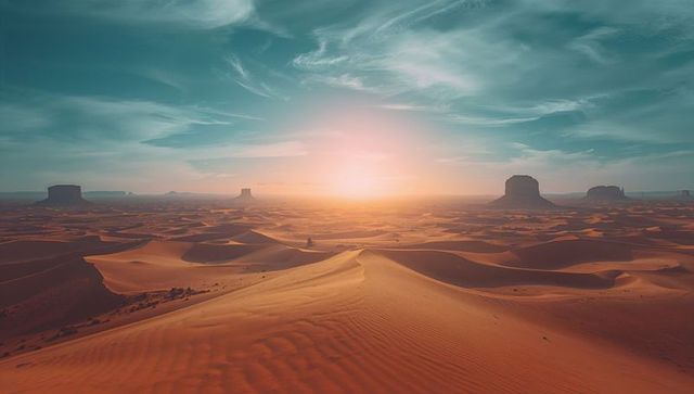 Vast Desert Dunes under Vibrant Sunrise Sky with Distant Buttes