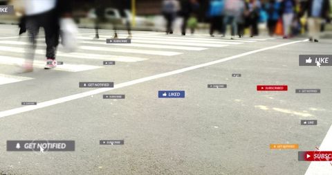 Urban crosswalk showing floating social media buttons and cursor overlay for digital marketing