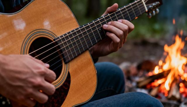 Close-up hands playing acoustic guitar by campfire evening warm wood grain intimate music moment