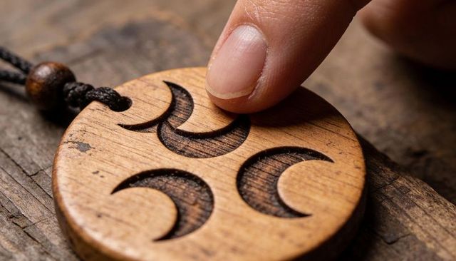 Handmade wooden pendant with carved crescent moons being traced by fingertip close-up