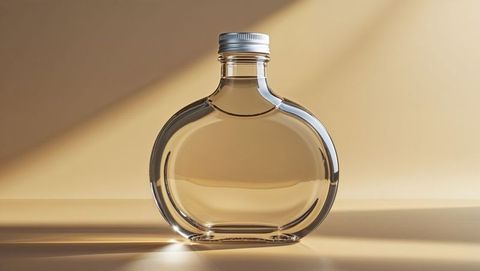 Minimalist glass bottle holding amber corn syrup with silver cap
