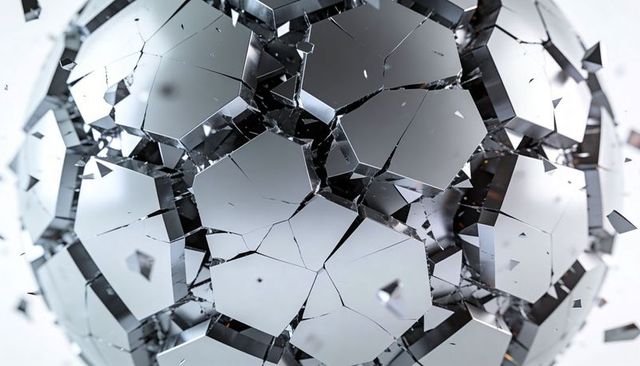 Shattering reflective polygonal sphere rotating with mirrored facets and flying shards