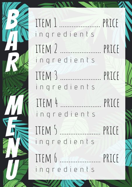 This vibrant tropical bar menu template is perfect for various events and parties. The leafy background adds an exotic touch, making it ideal for summer celebrations, beach parties, tiki events, and poolside gatherings. The adaptable design allows easy customization of item names and prices to fit any occasion. Use this template to create an attractive and functional menu for guests.