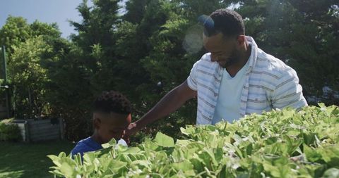 African american father teaching son gardening in sunny backyard with hedge and lens flare