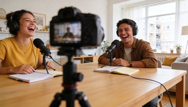 Laughing cohosts recording lifestyle podcast in bright home studio with microphones