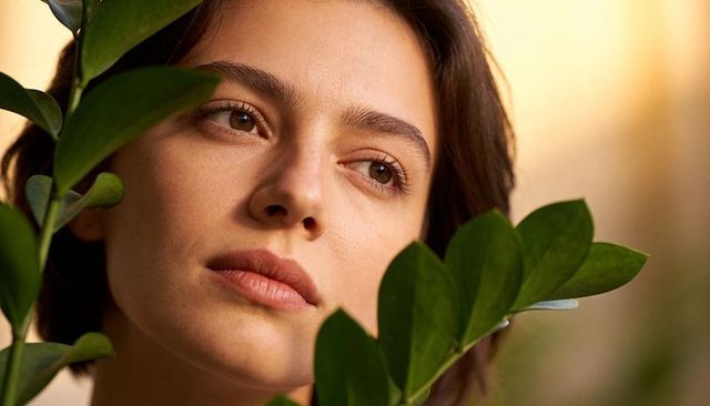 Contemplative woman gazing through glossy green leaves with warm backlight bokeh