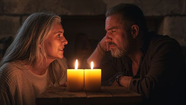 Middle-Aged Couple Sharing Intimate Candlelit Moment Near Rustic Hearth and Wooden Table