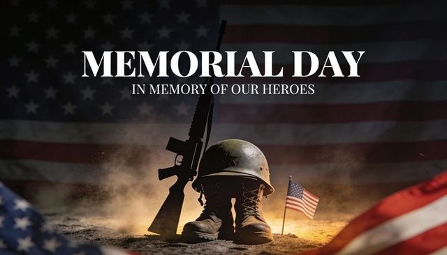 Memorial day tribute honoring fallen soldiers with helmet, boots, rifle, and flag