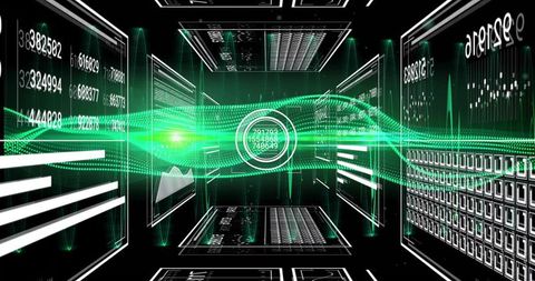 Neon Green Data Waveform Streaming Through Futuristic Holographic Analytics HUD Corridor
