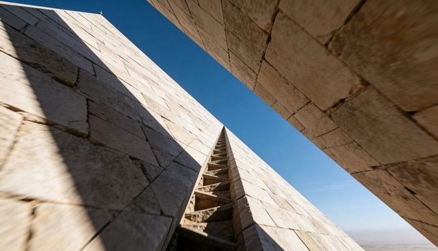 Upward perspective showing stepped channel between beige stone walls casting deep shadows