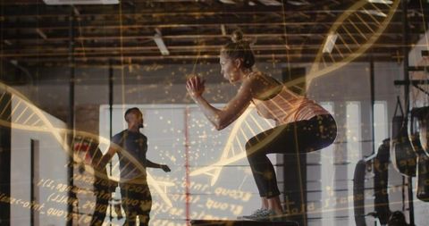 Female Athlete Performing Box Squat with DNA Double Exposure Conveying Genetic Strength