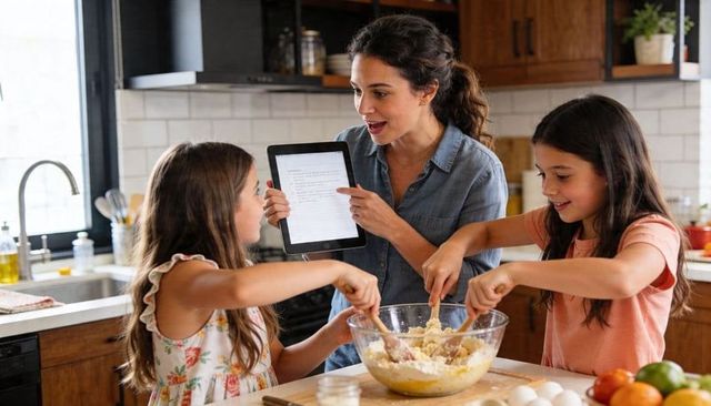 Woman teaching girls baking together in bright home kitchen