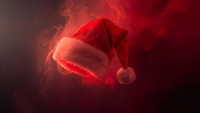 Floating Santa Hat Glowing in Smoky Red Light with Velvet Fur Trim and Pom-Pom