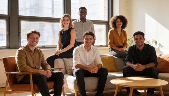 Startup team collaborating in sunlit modern office lounge, casual young professionals smiling