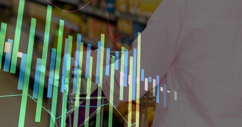 Senior shopper pushing grocery cart with retail data overlay conveying consumer analytics