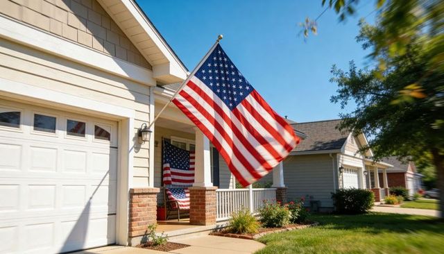 American flag waving over suburban porch with patriotic decor and manicured lawn