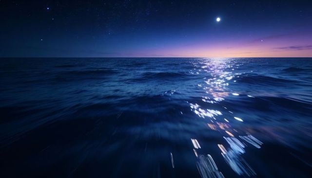 Moonlight reflecting on open ocean at twilight with shimmering waves and starry sky