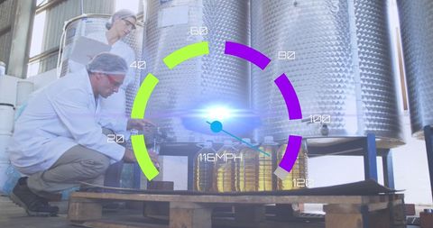 Refinery Workers with Data Overlay and Speedometer Graphic