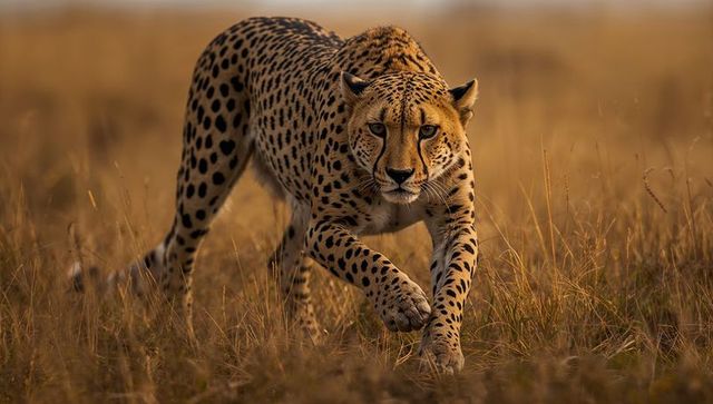 Cheetah stalking amidst savannah grass during golden hour