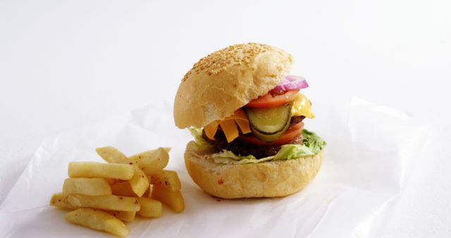 A cheeseburger with lettuce, tomato, pickles, and onions is accompanied by a side of French fries, presented on a simple white background with copy space. The image captures a classic fast-food meal, often associated with American cuisine.