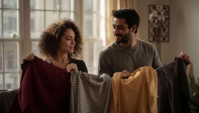 Couple sorting laundry in sunlit living room holding sweaters and shirts, smiling