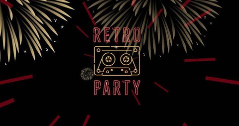 Retro Party Celebration with Fireworks and Cassette Tape Icon