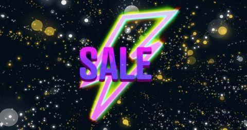Neon lightning bolt sale banner with 3d bold text and starfield glow