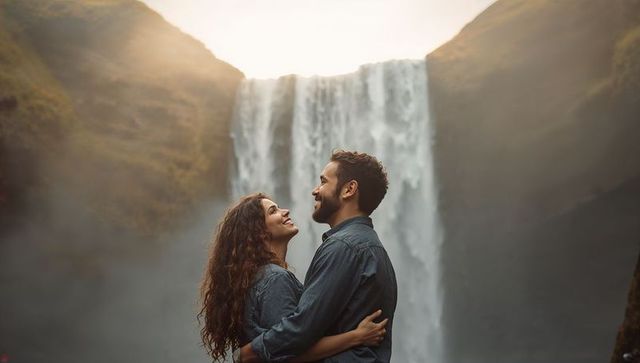 Romantic couple embracing at misty waterfall during golden hour, backlit tender moment