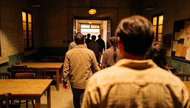 Adults walking through dim amber communal hall toward open doorway conveying quiet departure