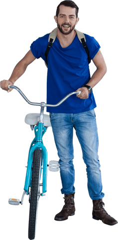 Young man with bicycle smiling at camera on transparent background