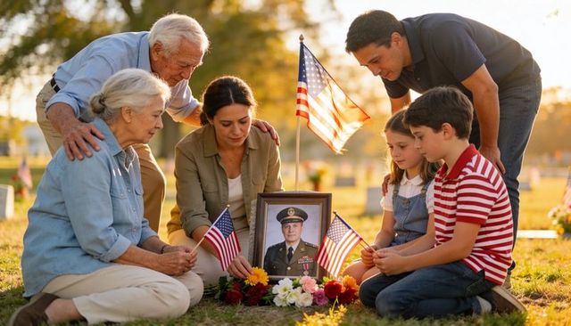 Multigenerational family honoring fallen veteran at cemetery with flags and flowers