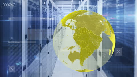 Global Data Network Concept Overlaid on Server Room
