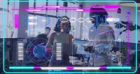 Collaborating on Augmented Reality HUD Dashboard Showing Global Data in Modern Tech Office