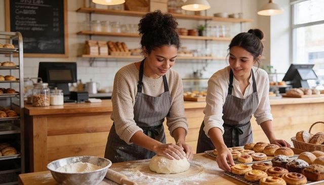 Two bakers kneading dough and arranging pastries on sunlit rustic bakery counter