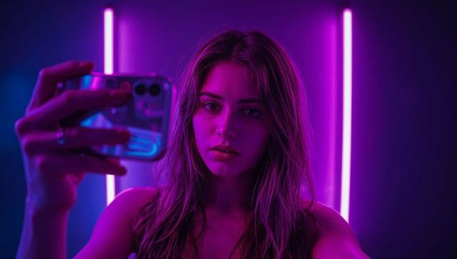 Young woman posing with smartphone under neon magenta tubes, moody cinematic headshot