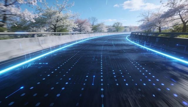 Curving neon-blue road with digital grid and motion blur through blossom-lined parkway at dawn