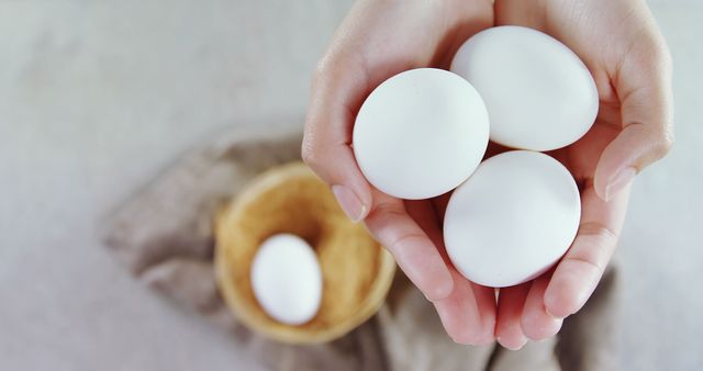 Hands holding three white eggs with one egg in background - Download Free Stock Images Pikwizard.com